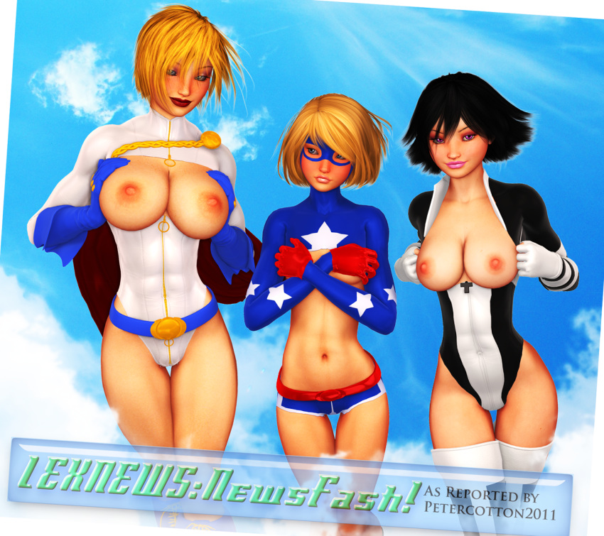 2011 3d 3girls atlee black_hair blonde_hair blue_eyes breasts courtney_whitmore dc dc_comics female female_only justice_society_of_america kara_zor-l karen_starr nipples petercotton power_girl stargirl superman_(series) terra_(dc)