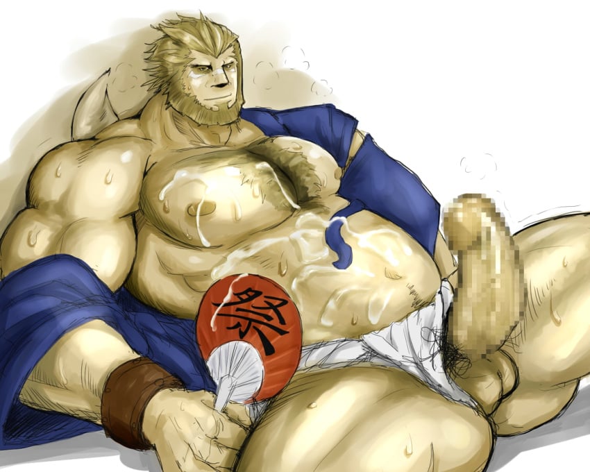 after_ejaculation bara beard big_penis chubby chubby_male cum erection facial_hair final_fantasy final_fantasy_xi fundoshi fundoshi_aside galka male_only musclegut muscular muscular_male navel pecs penile spread_legs stiffy tagme waribashi