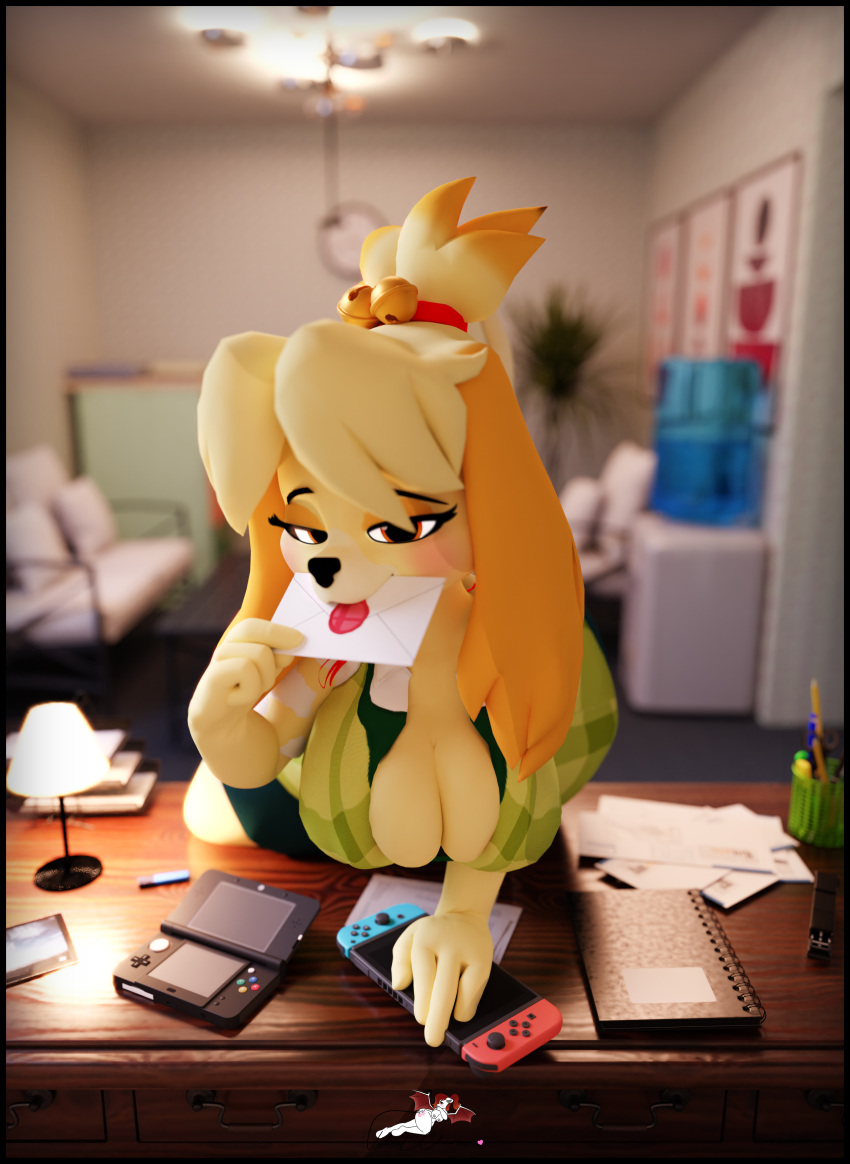 1girls animal_crossing anthro blurry_background canine cleavage cleavage_overflow female isabelle_(animal_crossing) nintendo nintendo_3ds nintendo_switch notebook object_in_mouth on_desk secretary_outfit seductive seductive_eyes seductive_look smash_invitation solo solo_female solo_focus velvet_charm