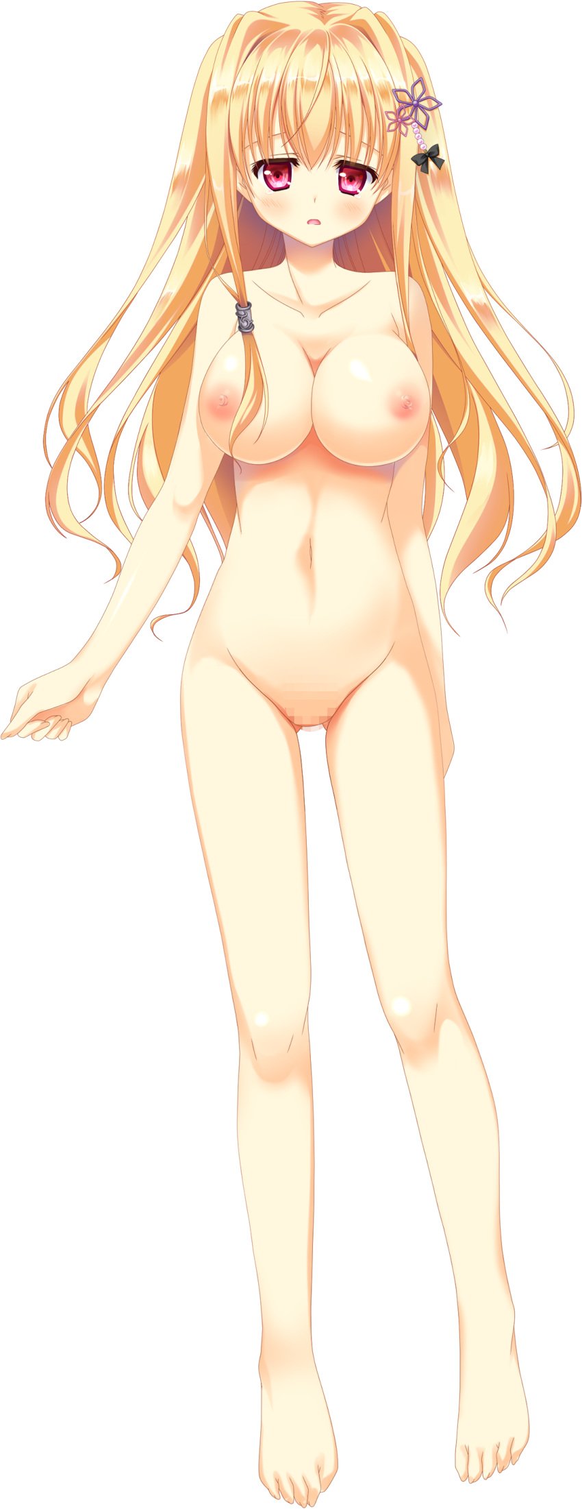 absurdres ass_visible_through_thighs barefoot blonde_hair breasts censored collarbone female full_body hair_ornament highres kamishiro_kohaku large_breasts long_hair looking_at_viewer lost_echoes mosaic_censoring navel nipples nude official_art pussy red_eyes solo tamiya_akito transparent_background