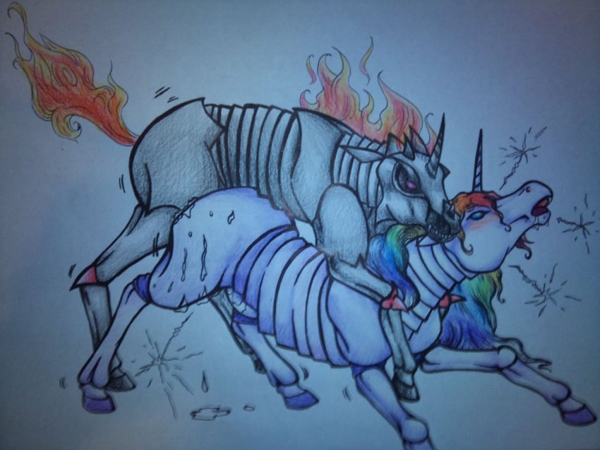 ambiguous_penetration blue_eyes cum doggy_style female feral feral_on_feral fire_hair male mounted mounting rainbow_hair red_eyes robot robot_unicorn_attack straight traditional_media_(artwork) unicorn unknown_artist