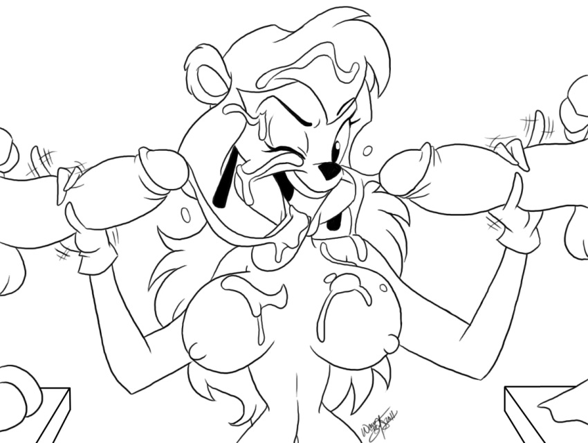 aeolus06 anthro buster_bunny duck female fur furry julie_bruin male mammal monochrome plucky_duck rabbit straight tiny_toon_adventures unseen_male_face