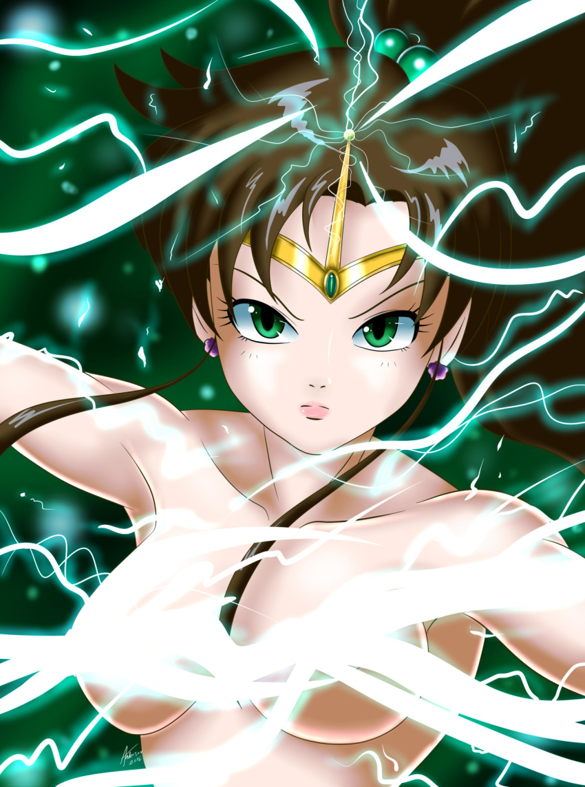 1girls andersonicth bishoujo_senshi_sailor_moon breasts brunette circlet convenient_censoring female female_only green_eyes lightning makoto_kino nude sailor_jupiter small_breasts solo