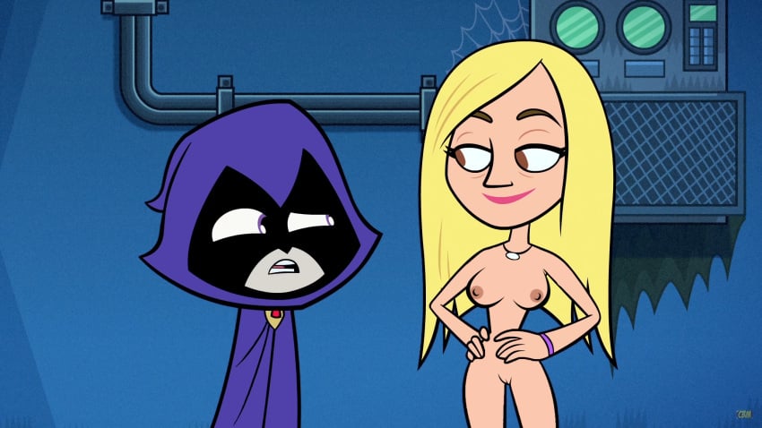 2girls accurate_art_style blonde_hair breasts brown_eyes dc dc_comics edit hood lipstick multiple_girls necklace nude pink_lips purple_eyes pussy rachel_roth raven_(dc) smooth_skin tara_strong teen_titans teen_titans_go wide_hips