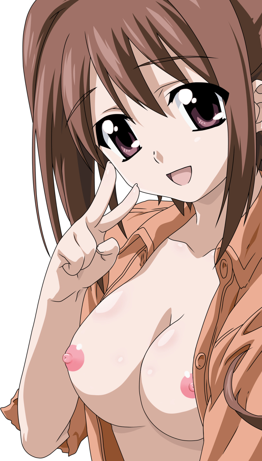 1girls 2d artist_request breasts brown_hair erect_nipples female female_only hair high_resolution human human_female human_only long_hair looking_at_viewer mitsuki_sohara nipples no_bra nude_filter pink_nipples smile smiling smiling_at_viewer solo sora_no_otoshimono white_background