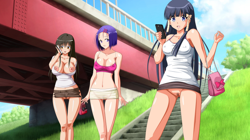 akane_(artist) akane_(cgbox) bikabika bimbo black_hair bottomless breasts breasts_out breasts_outside cg_box functionally_nude huge_breasts huge_nipples large_breasts nipples no_panties outdoor outdoors outside public public_exposure purple_hair short_skirt skirt tagme to_love-ru