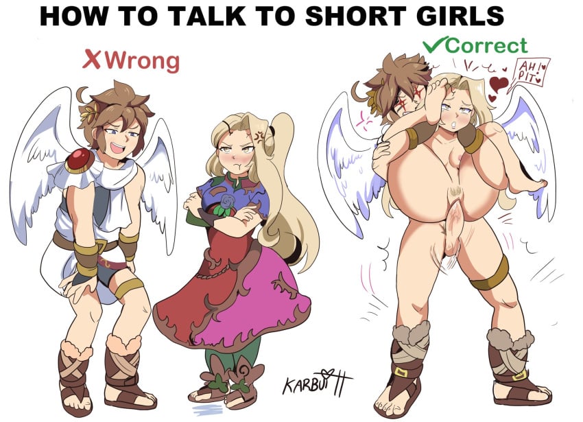 1boy 1girls angel_wings anger_vein before_and_after blonde_hair blonde_pubic_hair blush comic female/male female_on_male female_penetrated female_pubic_hair full_nelson full_nelson_vaginal heart height_difference hi_res highres how_to_talk_to_short_people humor instant_loss_2koma karbuitt kid_icarus legs_up male/female male_on_female male_penetrating meme nintendo nude nude_female pit_(kid_icarus) pubic_hair shiny_eyes simple_background small_breasts speech_bubble standing_sex star_eyes straight text tsundere viridi