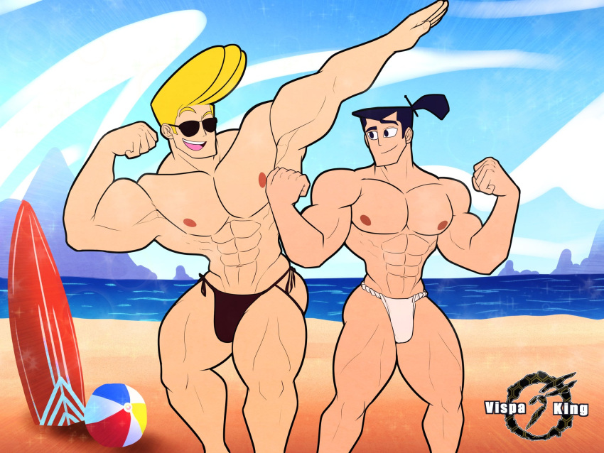 2boys abs asian asian_male bara beach biceps big_pecs black_hair black_sunglasses black_thong black_underwear blonde blonde_hair blue_sky buff flexing flexing_bicep fundoshi fundoshi_only human human_only johnny_bravo johnny_bravo_(series) light-skinned_male light_skin male male/male male_focus male_only mouth_open muscles muscular muscular_male muscular_thighs nipples ocean open_mouth pecs pectorals pompadour pose posing samurai_jack samurai_jack_(character) showing_off six_pack standing sunglasses thick_thighs thong thong_only tied_hair underwear underwear_only vispaking white_fundoshi white_underwear