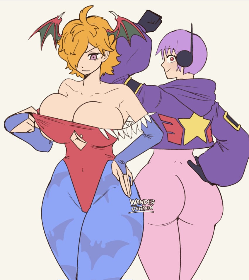 2girls ass_bigger_than_head bat_print big_ass big_breasts blue_pantyhose breasts cosplay costume_switch crossover darkstalkers female female_only head_wings hi_res huge_ass huge_breasts large_ass large_breasts leotard lilith_aensland lilith_aensland_(cosplay) multiple_girls name_connection one_piece orange_hair outfit_swap pantyhose purple_eyes purple_hair red_eyes thick_thighs vegapunk_lilith vegapunk_lilith_(cosplay) wanderjegson