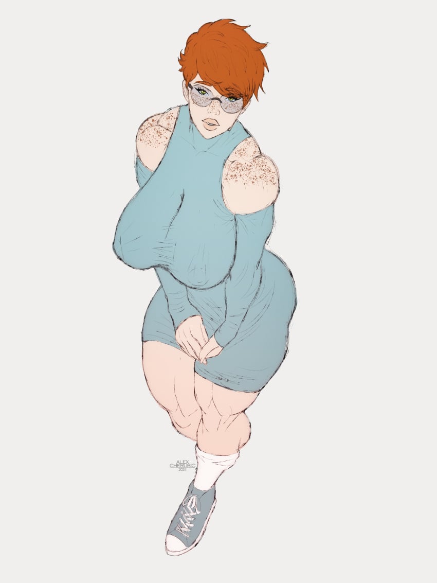 1girls alexcherubic big_breasts breasts breasts breasts dress female female_only flat_colors freckles glasses green_eyes muscle muscles muscular muscular_female nipples original red_hair short_hair sketch sneakers thick_thighs