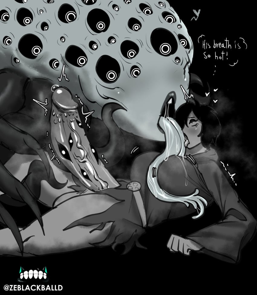 1boy 1futa alien alien_femboy comic dialogue eldritch_abomination eldritch_horror english_text futanari goth goth_girl imminent_oral kissing licking_breast licking_tongue male monochrome self_upload size_difference size_play smaller_futanari teratophilia text the_baptist_(zeblackballd) trypophobia ze_blackball.d zeblackballd_(artist)