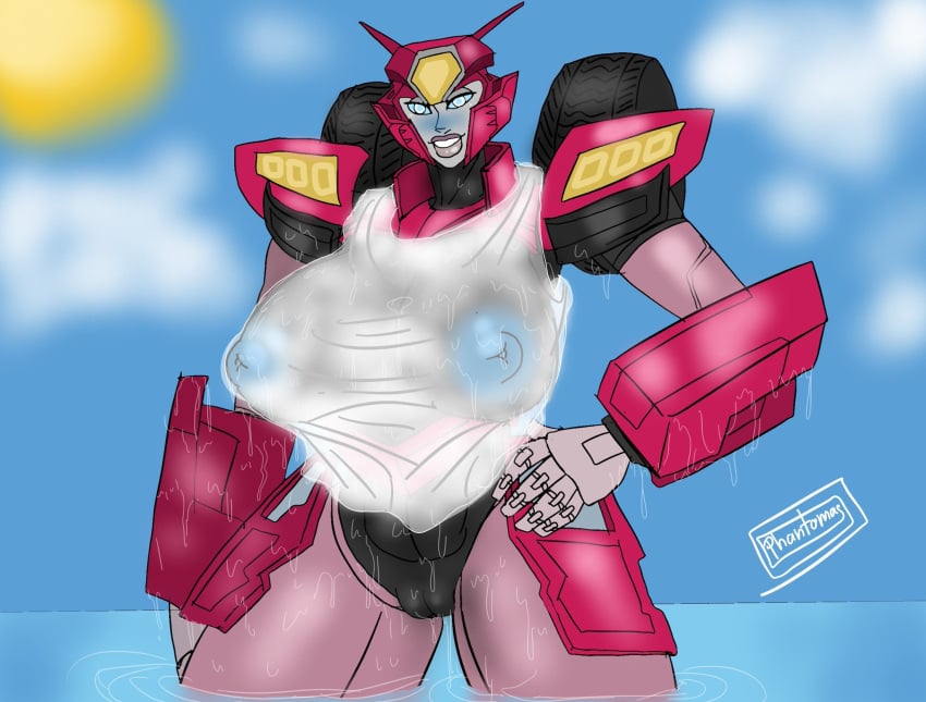 2024 2d 2d_(artwork) 2d_artwork big_breasts breasts_bigger_than_head cybertronian elita_1 elita_one female nipples_visible_through_clothing phantomas(artist) pink_body robot robot_girl thick_thighs transformers transformers_earth_spark wet_t-shirt