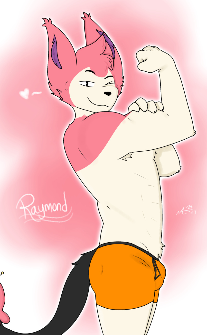 2024 abs absurd_res black_nose boxer_briefs bulge feline flexing flexing_bicep generation_3_pokemon male male_only mammal meowthicc muscular muscular_male pink_fur pokemon pokemon_(species) raymond_(meowthicc) side_view skitty smile solo tail tan_fur underwear wink