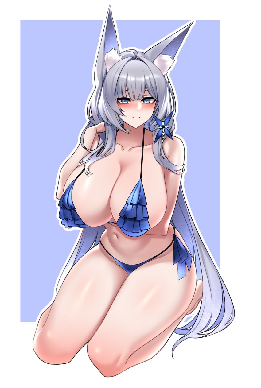 absurdres alternate_costume animal_ear_fluff animal_ears azur_lane bare_arms bare_legs bare_shoulders bikini blue_background blue_bikini blue_eyes blue_hair blush border breasts closed_mouth collarbone colored_inner_hair curvy dogs_(dlrkdejr26) female fox_ears fox_girl frilled_bikini frills grey_hair highres huge_breasts long_hair multicolored_hair nose_blush seiza shinano_(azur_lane) sitting solo swimsuit very_long_hair white_border