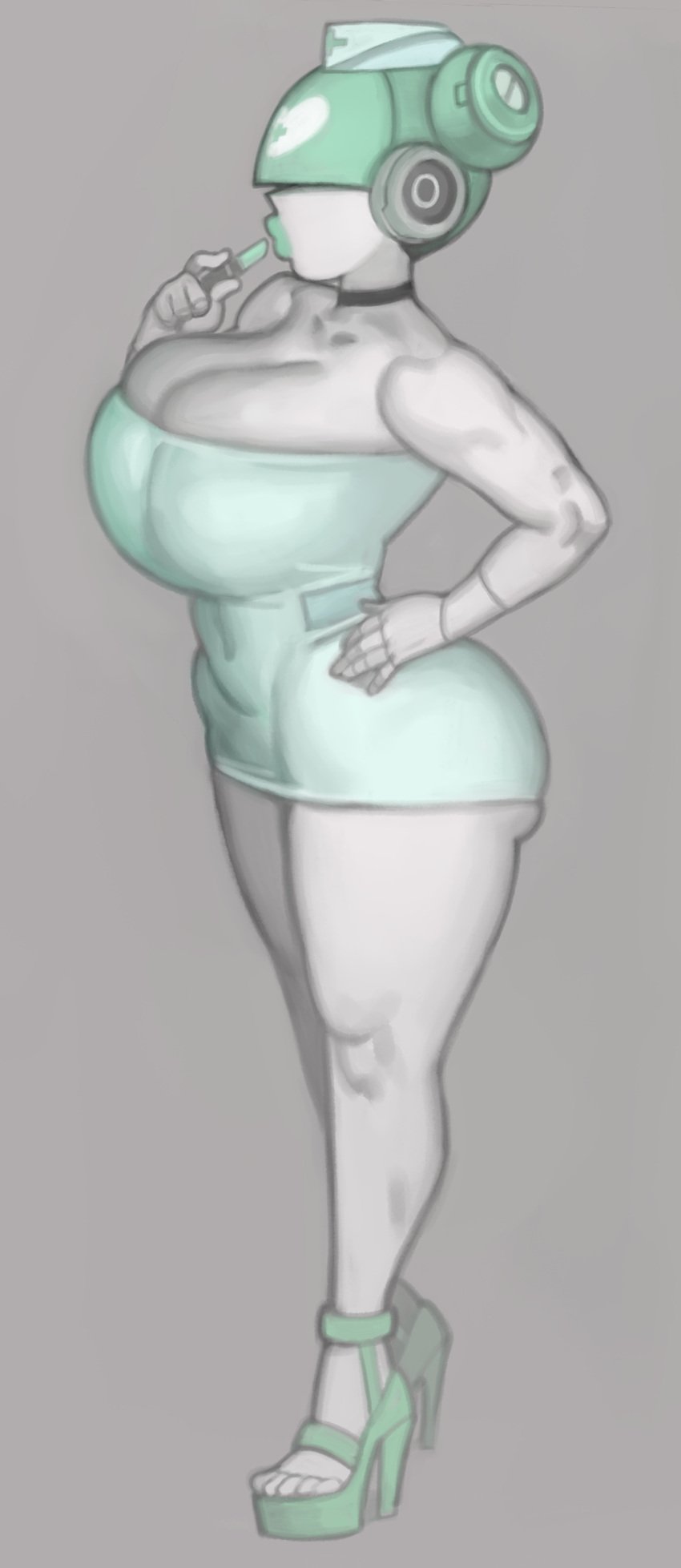 1girls bimbo bimbo_lips breasts female green_hair hair_over_eyes hi_res high_heels hips huge_breasts kelvin_hiu massive_breasts original original_character robot robot_girl sexbot thick_thighs thighs twin_buns white_body wide_hips