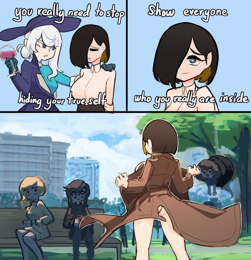 ass black_hair blue_eyes breasts centurii-chan comic exhibitionism flashing glass grey_eyes hair_covering_eye hair_over_one_eye kamura_(rain_prophet) one_eye_covered one_eye_obstructed open_clothes original outdoors park park_bench playground rapier_waifu_(centurii-chan) short_hair white_hair wine