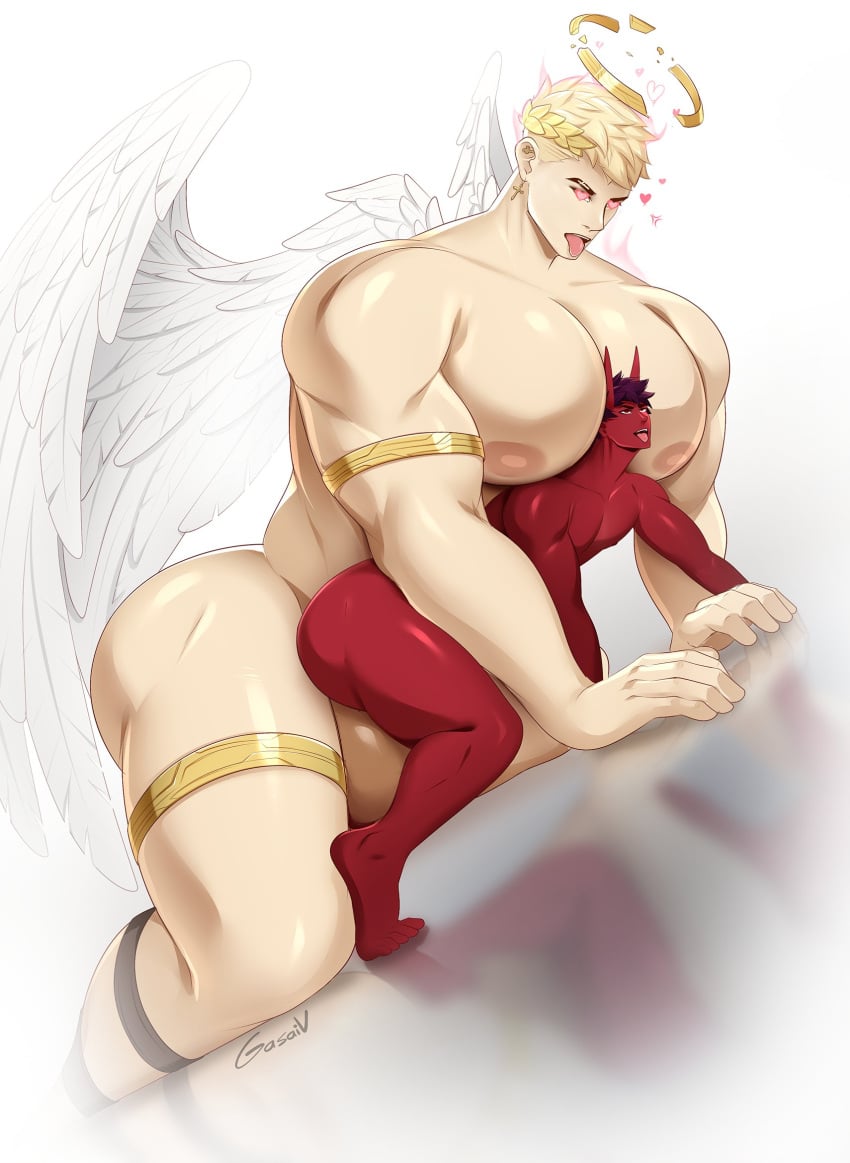 2boys anal anal_insertion anal_sex angel ass big_ass demon demon_horns gasaiv larger_male male male/male male_focus male_only male_penetrated male_penetrating male_penetrating_male moan multiple_boys muscles muscular muscular_male overly_muscular red_skin