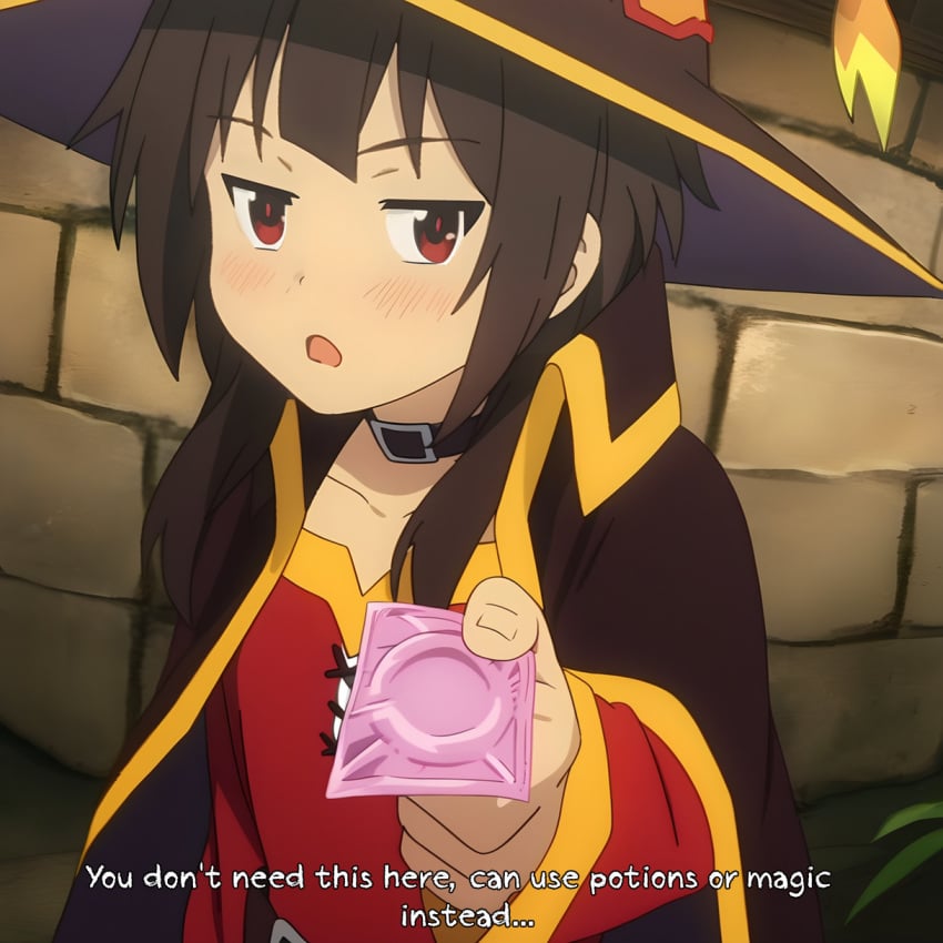 1girls blush brown_hair cape choker condom condom_wrapper dress english_text female flat_chest fully_clothed half-closed_eyes hat holding_condom kono_subarashii_sekai_ni_shukufuku_wo! looking_at_viewer megumin red_eyes talking_to_viewer teenager witch_hat