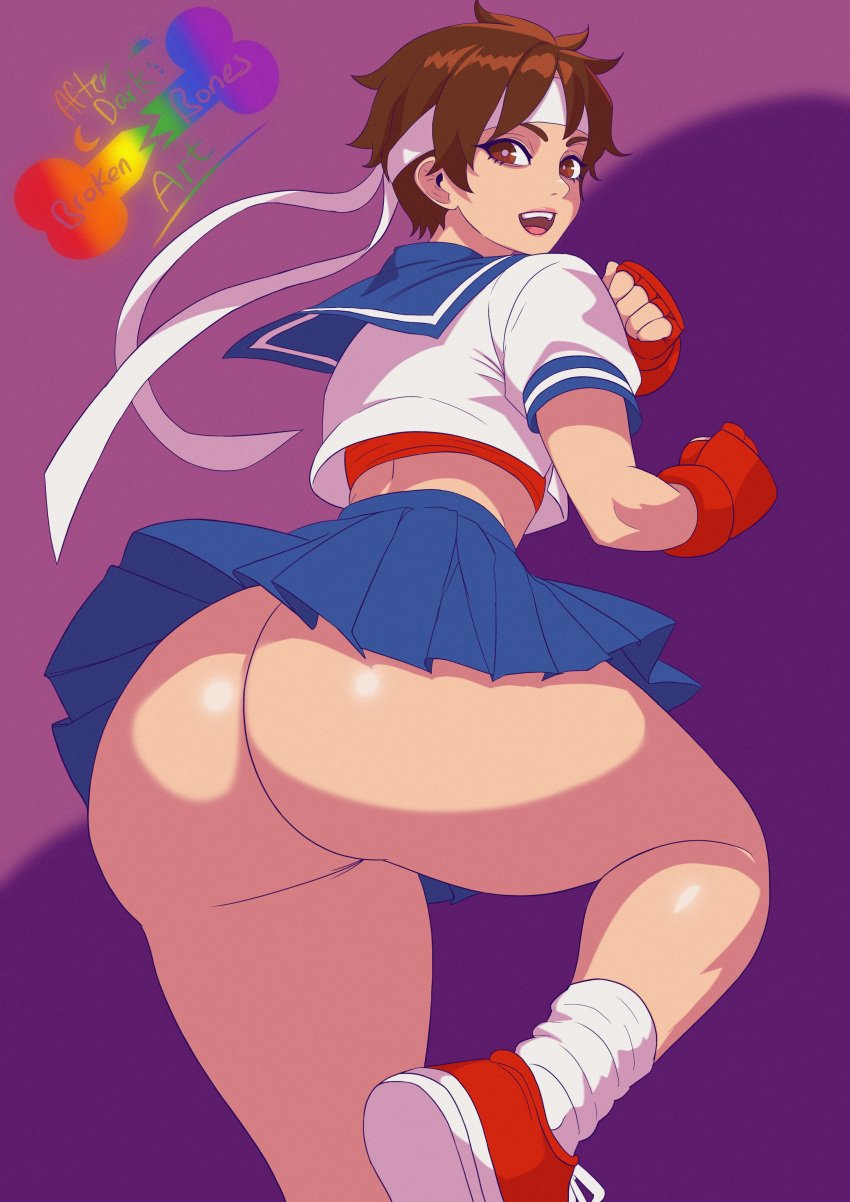 1girls ass ass_focus big_ass blue_skirt bottomwear brokenbonesad brown_eyes brown_hair bubble_ass bubble_butt capcom clothing dat_ass female female_only footwear gloves hair handwear headband headwear huge_ass legs looking_back sakura_kasugano shoes skirt smile solo solo_female street_fighter thighs topwear