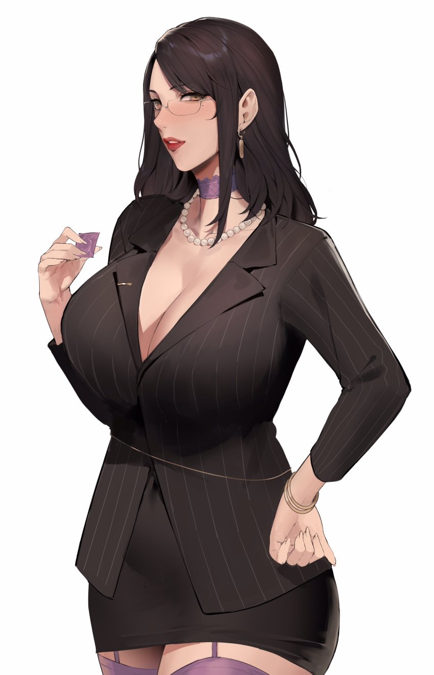 1girls aliosarvin big_breasts black_hair brown_eyes clothed clothing condom dark_hair earrings female female_only glasses holding_object looking_at_viewer mature mature_female office_lady pearl pearl_necklace