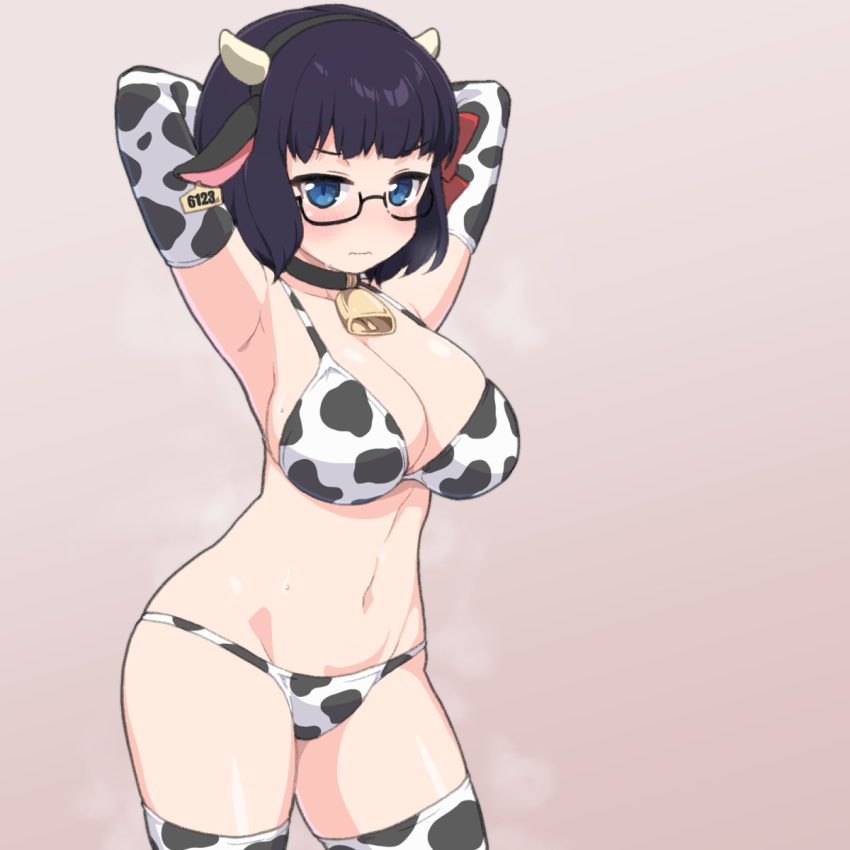 1girls arms_behind_head bell_collar big_breasts bikini blue_eyes blush breasts cleavage collar cow_ears cow_horns cow_print cow_print_armwear cow_print_bikini cow_print_thighhighs cowbell cowboy_shot ear_tag elbow_gloves glasses headband hi_res megane navel original original_character paid_reward_available posing purple_hair shiny_skin shirogane_hakuba short_hair simple_background solo standing swimsuit thighhighs voluptuous voluptuous_female