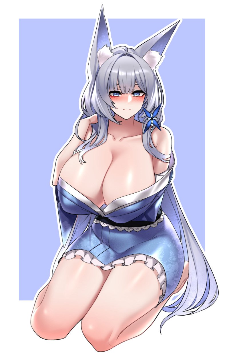 absurdres animal_ear_fluff animal_ears azur_lane bare_shoulders blue_background blue_eyes blue_hair blue_kimono blush border breasts cleavage closed_mouth collarbone colored_inner_hair curvy dogs_(dlrkdejr26) female fox_ears fox_girl grey_hair highres huge_breasts japanese_clothes kimono long_hair multicolored_hair nose_blush off_shoulder seiza shinano_(azur_lane) short_kimono sitting solo very_long_hair white_border