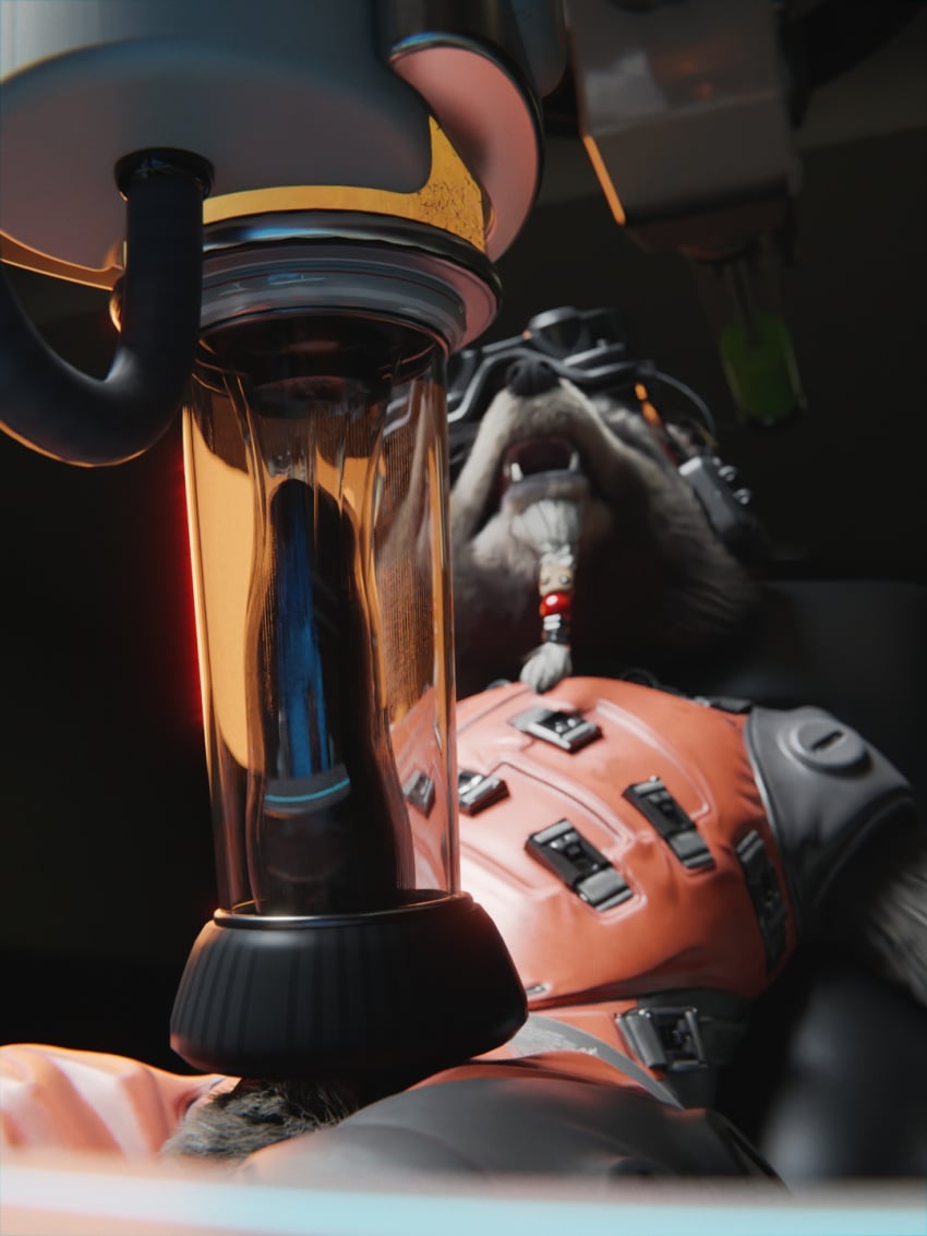 3d_(artwork) anthro bondage bound brown_body brown_fur clothed clothing digital_media_(artwork) erection fur genitals guardians_of_the_galaxy headgear hi_res laboratory looking_pleasured machine male mammal marvel marvel_comics penis procyonid raccoon ralic_turman restrained restraints rocket_raccoon science_fiction simple_background solo submissive