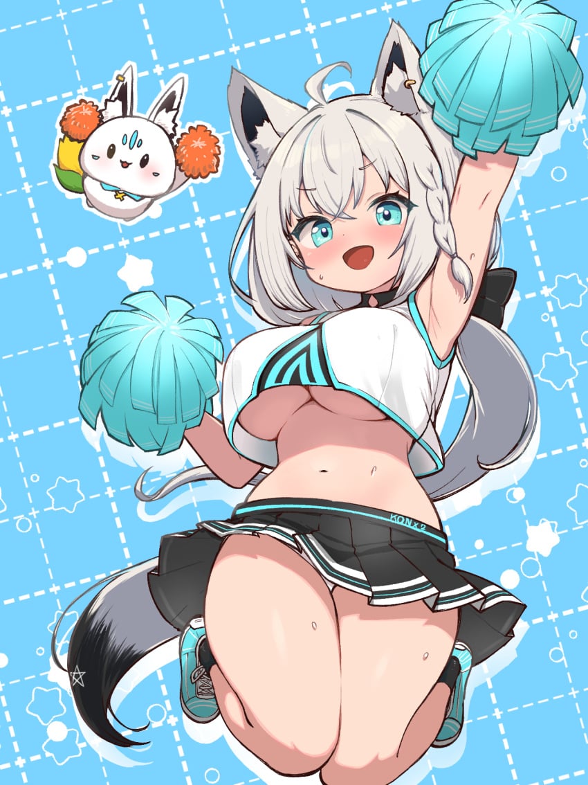 :d ahoge alternate_costume animal_ear_fluff animal_ears arm_up armpits black_skirt blue_background blue_eyes blush braid breasts cheerleader commentary_request female fox_ears fox_girl fox_tail highres hololive jumping kani_bonara large_breasts long_hair looking_at_viewer low_ponytail microskirt navel pleated_skirt pom_pom_(cheerleading) shirakami_fubuki side_braid skirt smile solo stomach sukonbu_(shirakami_fubuki) tail underboob virtual_youtuber white_hair