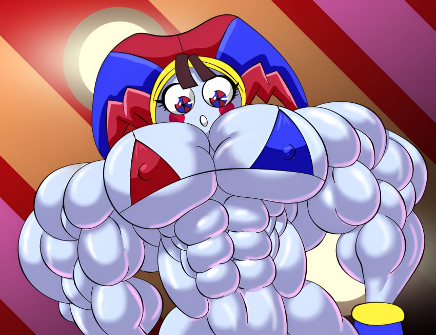 1girls big_breasts big_muscles clown_girl clown_hat hyper_muscles looking_at_viewer muscular_female nipple_bulge nipples_visible_through_clothing pomni_(the_amazing_digital_circus) siegfried129 the_amazing_digital_circus