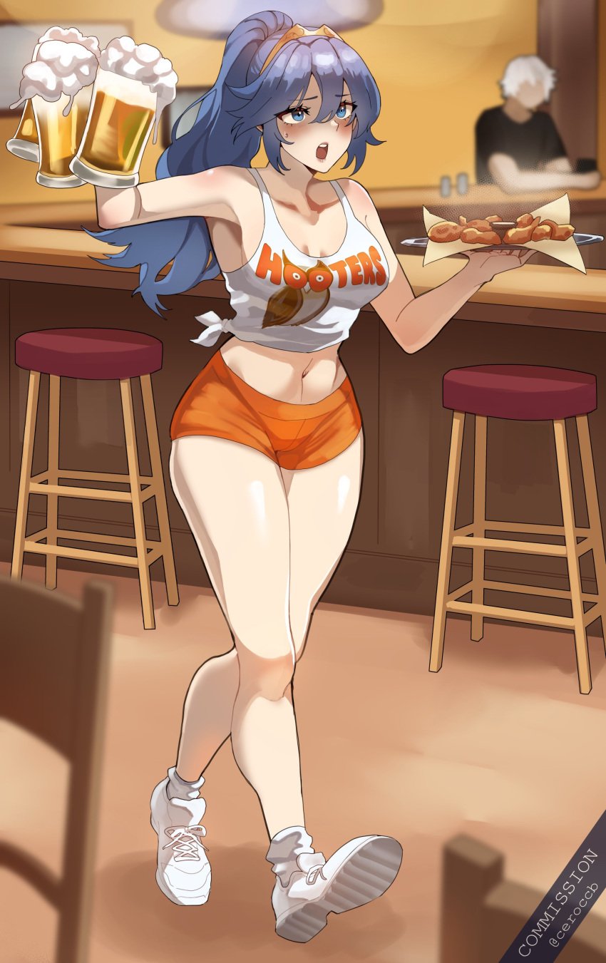 1boy 1girls absurdres alcohol alternate_costume alternate_hairstyle beer beer_mug breasts ceroccb chicken_wing crop_top cup employee_uniform female female_focus fire_emblem fire_emblem_awakening highres hooters lucina_(fire_emblem) mug navel nintendo no_legwear orange_shorts ponytail print_tank_top robin_(fire_emblem) robin_(male)_(fire_emblem) short_shorts shorts tank_top uniform waitress