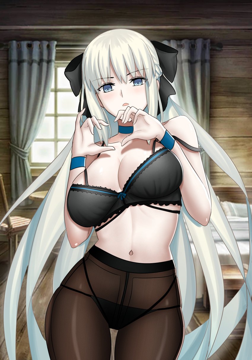 absurdres bare_shoulders black_bow black_bra black_panties blue_eyes blush bow bra braid breasts brown_pantyhose choker cleavage collarbone fate/grand_order fate_(series) female grey_hair hairbow highres large_breasts long_hair longdq3008 looking_at_viewer morgan_le_fay_(fate) navel panties panties_under_pantyhose pantyhose ponytail sidelocks solo thighs underwear very_long_hair