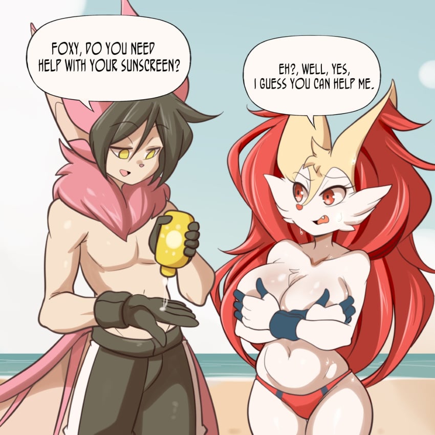 big_breasts bikini braixen bray_(lucyfercomic) breasts cleavage female furry huge_breasts lucyfercomic pokemon pokemon_(species) roy_(lucyfercomic) thick_thighs wide_hips