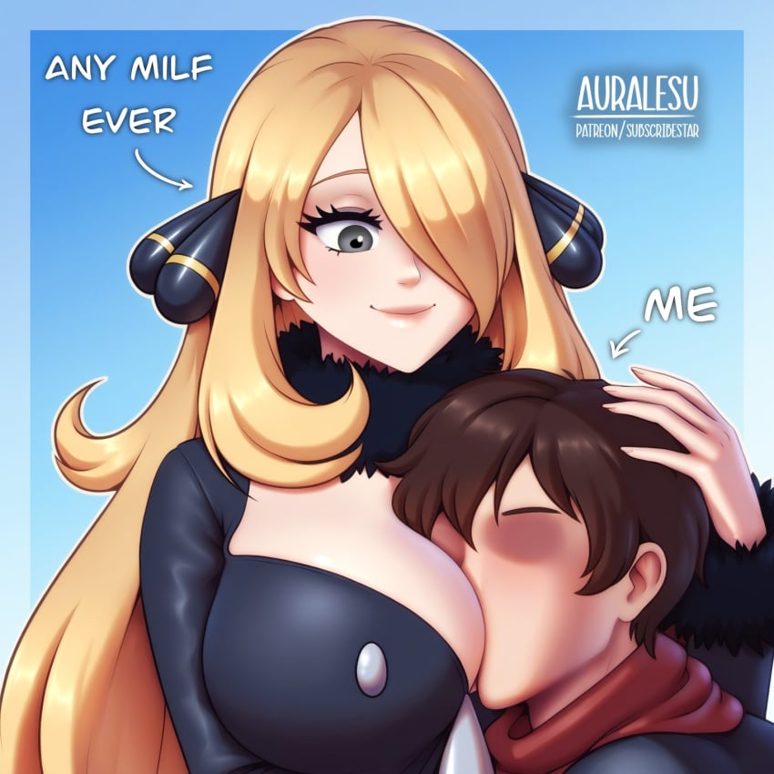 1boy 1girls ai_generated artist_logo artist_name artist_website auralesu big_breasts blonde_female blonde_hair blonde_hair_female border breast_press breast_smother breast_smothering breast_squeeze brown_hair brunette_hair caption captioned cynthia_(pokemon) digital_media_(artwork) english english_dialogue english_text face_in_breasts face_on_breast faceless_male female gamefreak girly grey_eyes hair_ornament head_in_breasts head_in_cleavage head_on_breasts head_ornament headgear hi_res high_resolution highres huge_breasts large_ass male massive_breasts meme meme_reference milf nintendo outline patreon patreon_reward patreon_username pokemon pokemon_trainer red_scarf scarf self_upload skindentation smothering subscribestar subscribestar_username words