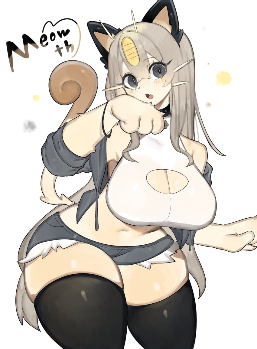 1girls anthro big_breasts black_eyes black_thighhighs cleavage_cutout clothed clothing english_text feline female female_only generation_1_pokemon grey_hair hi_res long_hair looking_at_viewer meowth minishorts nintendo pokemon pokemon_(species) slit_pupils solo text thick_thighs thigh_squish thighhighs thighs toge77789 togetoge white_background