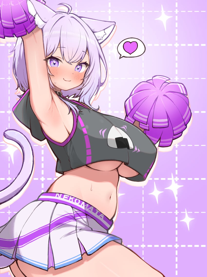 adapted_costume animal_ears armpits black_shirt blush breasts cat_ears cat_girl cat_tail cheerleader crop_top crop_top_overhang female heart highres hololive hood hoodie kani_bonara large_breasts looking_at_viewer midriff navel nekomata_okayu nekomata_okayu_(1st_costume) pom_pom_(cheerleading) purple_eyes purple_hair shirt short_hair skirt solo speech_bubble spoken_heart star_(symbol) star_in_eye stomach symbol_in_eye tail underboob virtual_youtuber white_skirt