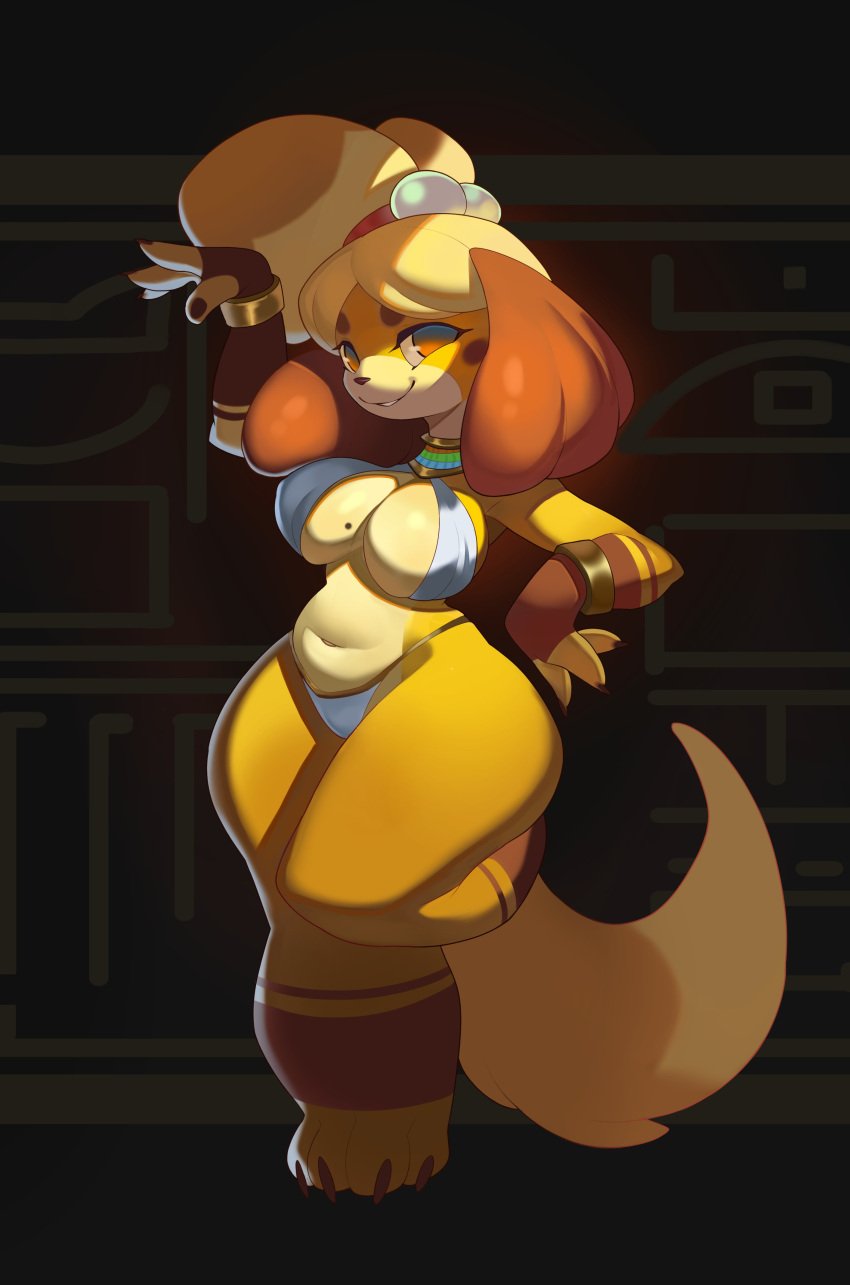 1girls 2024 absurd_res animal_crossing ankha_(cosplay) anthro bent_leg big_breasts canine cosplay domestic_dog female female_only isabelle_(animal_crossing) looking_at_viewer mole mole_on_breast nintendo pose roxy_thefoxy smiling smiling_at_viewer solo standing_on_one_leg thick_thighs