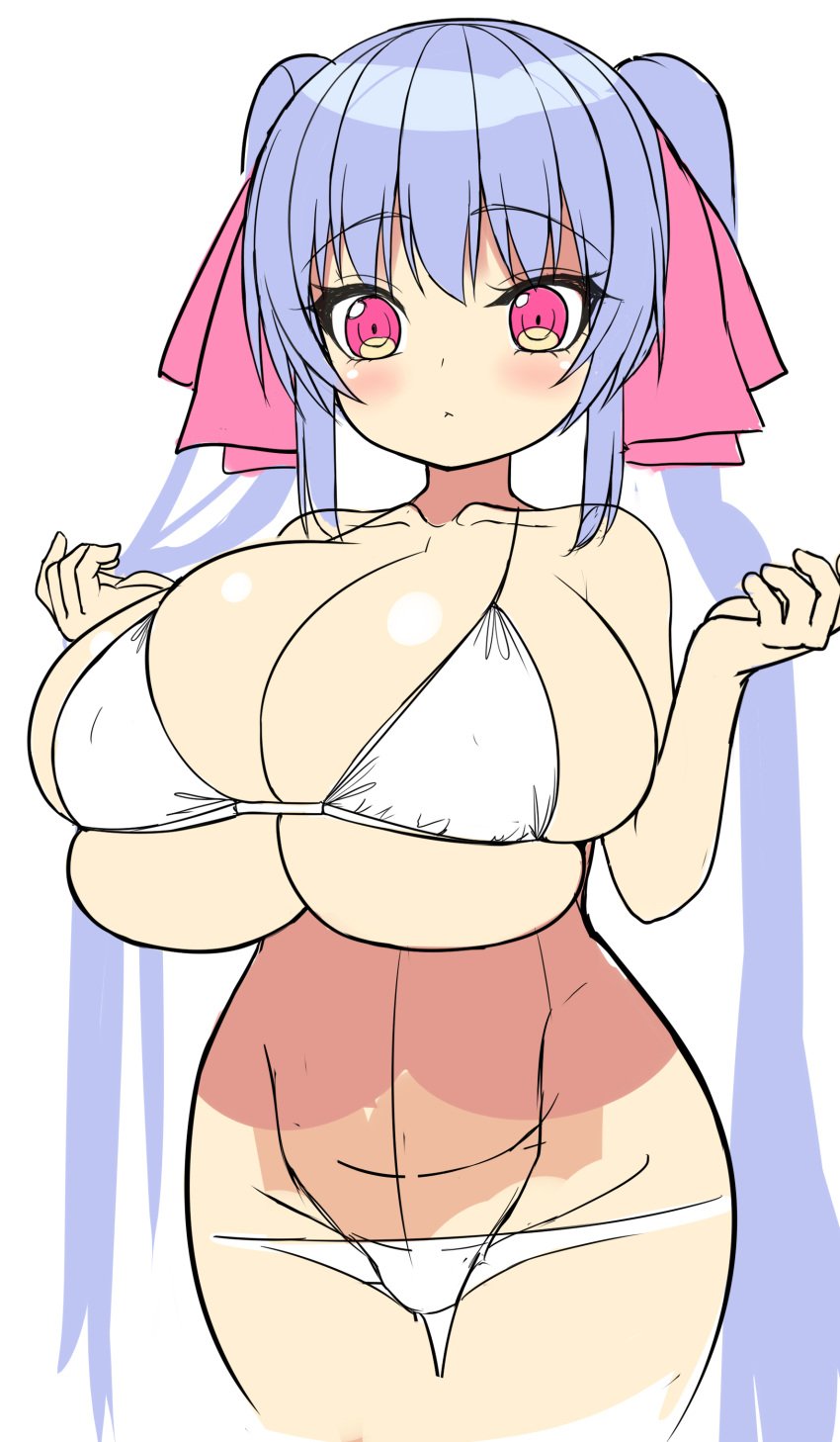 bangs big_breasts bikini blue_hair blush cleavage collarbone hair_between_eyes hair_ribbon hourglass_figure huge_breasts line_art long_hair nipples_visible_through_clothing pink_eyes riko_(shuz) shortstack shuz_(dodidu) skindentation slim_waist solo squished_breasts thick_thighs tight_clothing top_heavy twintails wide_hips