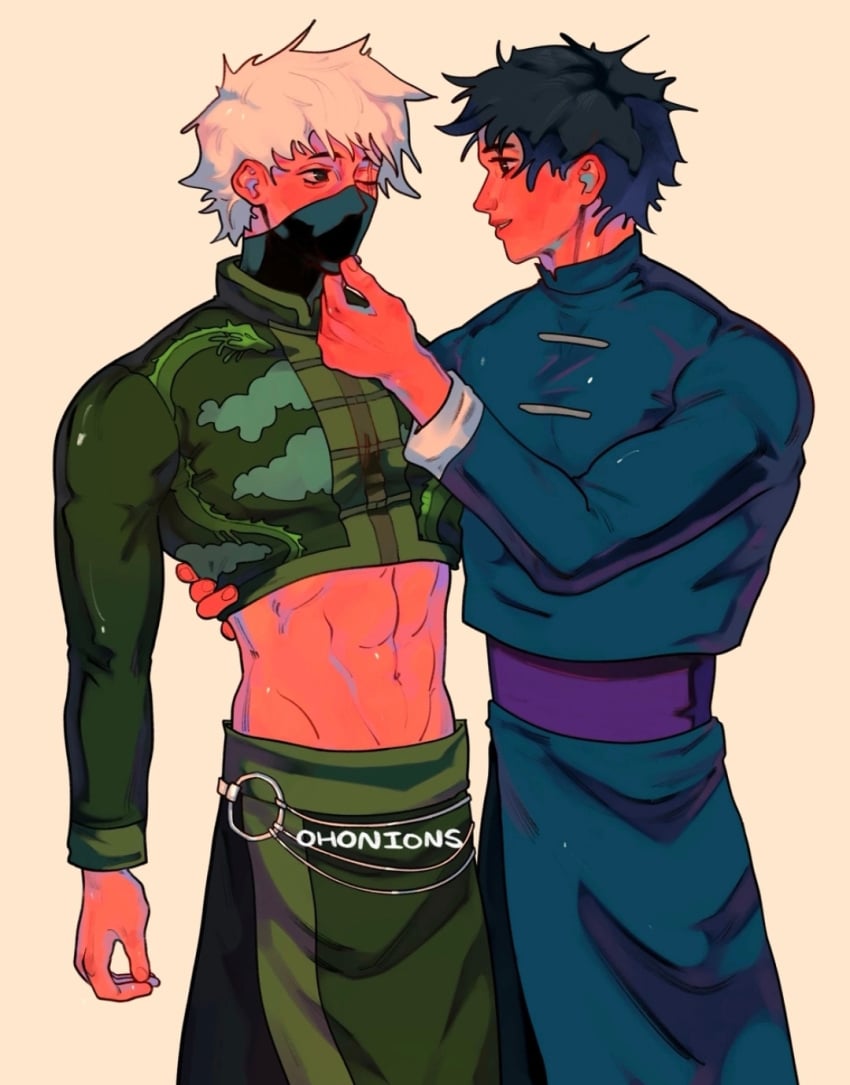 2boys and bare_torso chinese_clothes crop_top flirt flirting hatake_kakashi kakashi kakashi_hatake male male_focus male_only mask masked masked_male muscular muscular_arms muscular_male naruto naruto_(classic) naruto_(series) naruto_shippuden obito obito_uchiha ohonions smile smiling smiling_at_partner tease teasing tobi top torso torso_grab uchiha uchiha_obito