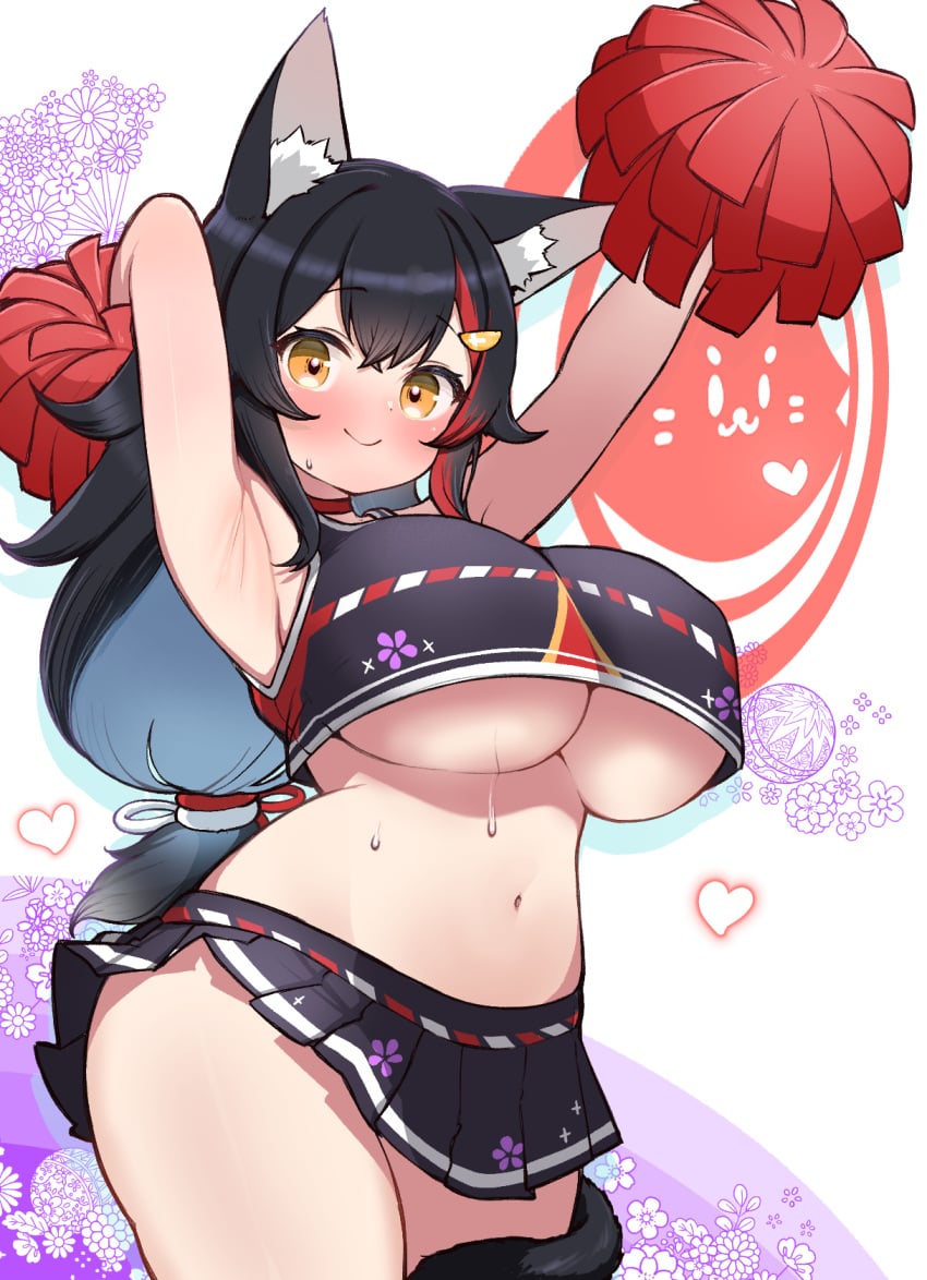 alternate_costume animal_ear_fluff animal_ears armpits arms_up black_hair black_skirt blush breasts brown_eyes cheerleader cowboy_shot crop_top crop_top_overhang female heart highres hololive kani_bonara large_breasts long_hair looking_at_viewer microskirt multicolored_hair navel ookami_mio pleated_skirt pom_pom_(cheerleading) red_hair skirt smile solo stomach streaked_hair tail tail_around_own_leg underboob virtual_youtuber wolf_ears wolf_girl wolf_tail