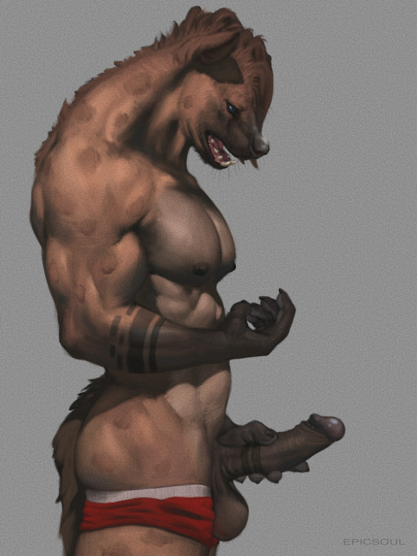 5_fingers abs anthro arm_tattoo ass balls balls_deep belly bent_arm biceps black_body black_fur black_nose black_tail blue_eyes brown_body brown_fur brown_hair brown_tail claws clothed clothing dark_body dark_ears dark_fur dark_tail digital_media_(artwork) epic_soul erection finger_claws fingers forearm_muscles forearm_tattoo forearms foreskin foreskin_play foreskin_pull fur genital_tattoo genitals grey_body grey_eyes grey_fur hair hi_res holding_penis humanoid humanoid_genitalia humanoid_penis hyena long_hair looking_down male mammal markings multicolored_body multicolored_fur muscular muscular_anthro muscular_male neck_muscles nipples nude open_mouth partially_clothed pecs penetration penis penis_tattoo saggy_balls side_view simple_background solo spots spotted_body spotted_fur spotted_hyena standing tail tattoo teeth tongue triceps underwear underwear_down