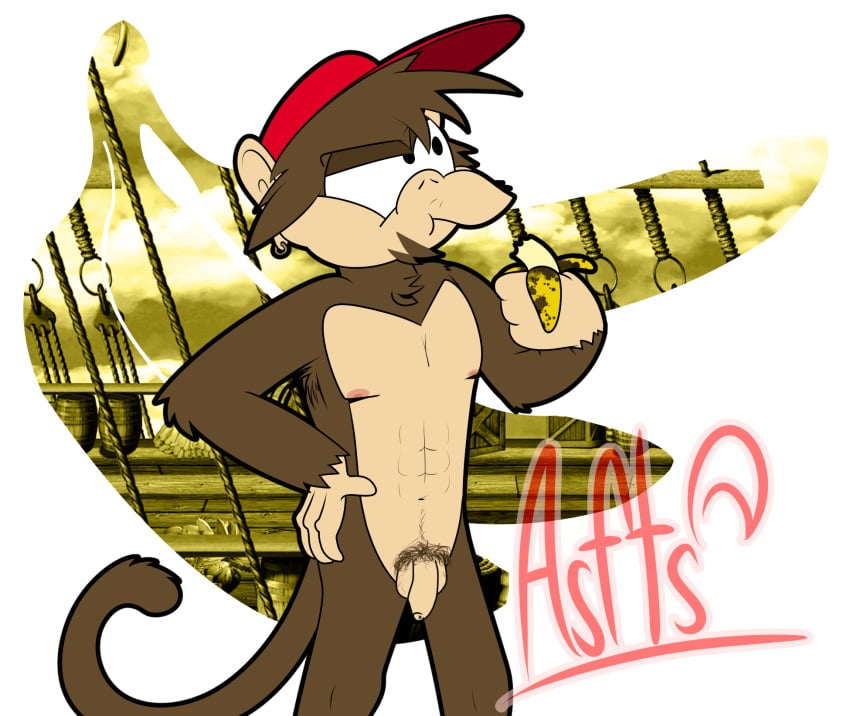 abs aged_up armpit_hair banana baseball_cap beard body_hair brown_body brown_fur clothing diddy_kong digital_drawing_(artwork) digital_media_(artwork) donkey_kong_(series) ear_piercing ear_ring eating eating_food facial_hair flaccid flat_chested food fruit fur genitals goatee haplorhine happy_trail hat headgear headwear hi_res male male_only mammal monkey nintendo nipples nude penis piercing plant primate pubes rareware ring_piercing solo squirrelfromthesouth toned_body