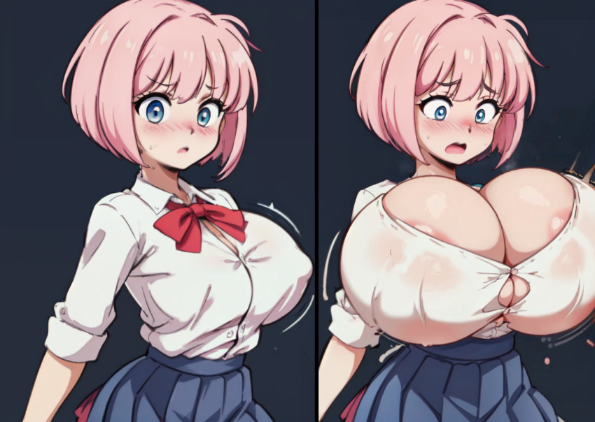 1girls ai_generated before_and_after big_breasts bigger_than_torso blue_eyes breast_expansion breast_growth breasts breasts_bigger_than_head breasts_bigger_than_torso bursting_breasts button_pop cleavage female female_only gigantic_breasts huge_breasts jiggling_breasts motion_lines motion_outline nipple_bulge opal_(tampopo) open_mouth pink_hair pleated_skirt popped_button red_bow ripped_clothing ripped_shirt sequence shirt shocked shocked_expression short_hair simple_background solo solo_female stable_diffusion surprised tampopo torn_clothes torn_clothing tucked_shirt wardrobe_malfunction wide_eyed