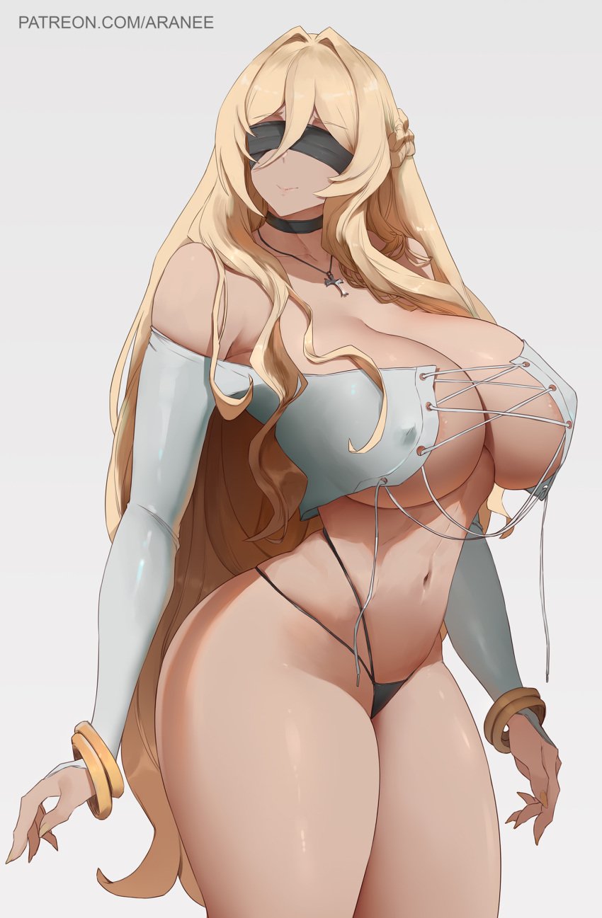 araneesama bangles big_breasts blindfold blindfolded blonde blonde_female blonde_hair cleavage cross_necklace goblin_slayer looking_to_the_side no_pants sword_maiden_(goblin_slayer) thick thick_thighs white_background white_skin