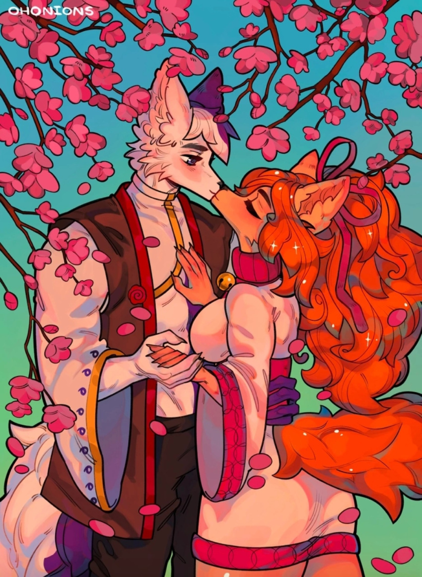 1boy 1girls anthro big_breasts boyfriend-girlfriend breasts ceroba_(undertale_yellow) ceroba_ketsukane closed_eyes clothed couple couple_(romantic) cute dress female female_focus fluffy fluffy_ears fluffy_tail fox fox_ears fox_girl fox_tail foxgirl furry furry_only hand_on_chest hand_on_waist holding_hands kissing male male_focus ohonions original_character relationship romantic romantic_couple standing undertale_yellow waist waist_grab waist_length_hair