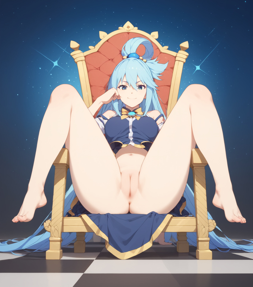 ai_generated aqua_(konosuba) kono_subarashii_sekai_ni_shukufuku_wo! legs_spread naked naked_female pussy pussy_shot sitting slyndor smile solo solo_female solo_focus stable_diffusion