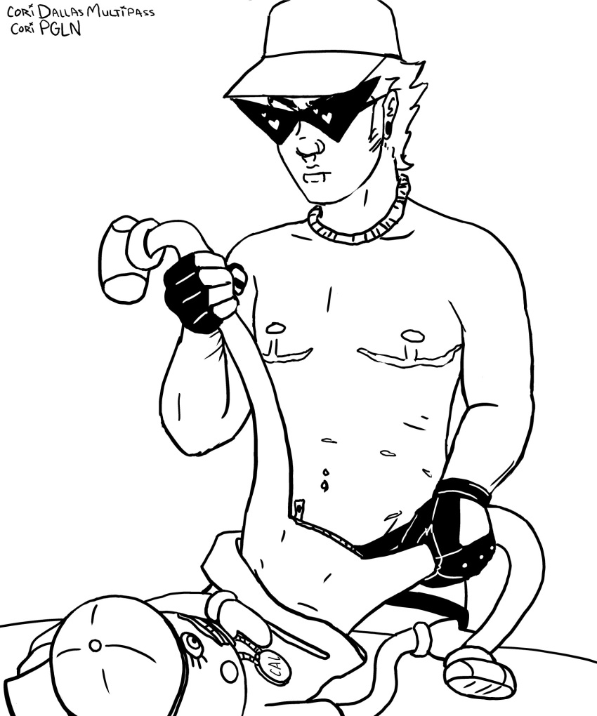 bro_strider cap coridallasmultipass cuntboy dirk_strider hat homestuck intersex lil_cal_(homestuck) male monochrome puppet short_hair short_hair_male spiky_hair top_surgery_scars