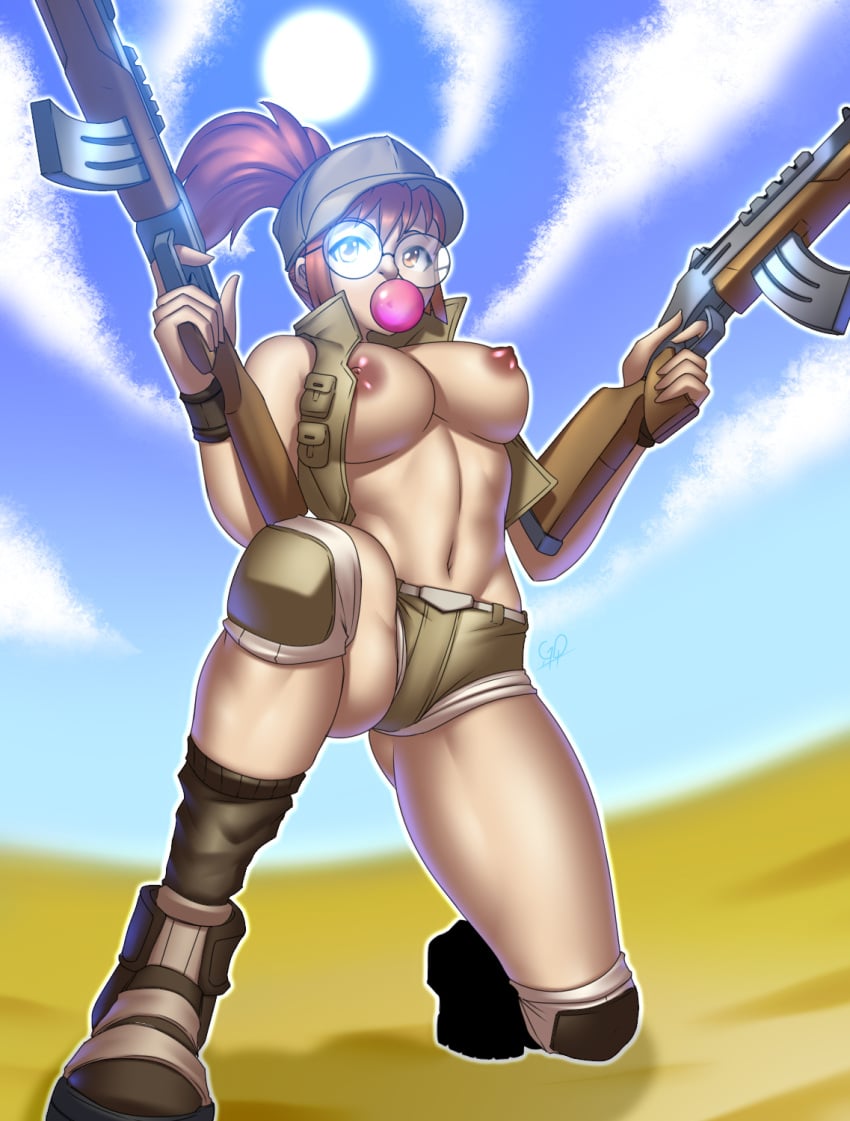 1girls baseball_cap big_breasts blowing_bubblegum boots breasts brown_eyes brown_hair bubble_gum commentary desert dual_wielding fio_germi firearm glasses gun hat hi_res holding_weapon inkling_remy knee_pads kneeling matching_hair/eyes medium_hair metal_slug navel nipples no_shirt outdoors ponytail rifle short_shorts shorts sidelocks signature sky snk solo thighs vest weapon