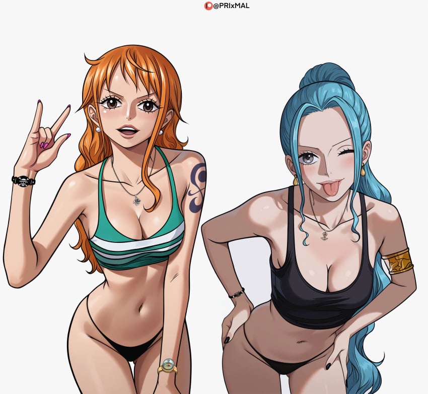 2girls ai_generated bare_arms bare_legs bare_shoulders bare_thighs big_breasts blue_eyes blue_hair blush clothed clothing color female female_focus female_only hi_res large_breasts light-skinned_female light_skin long_hair looking_at_viewer multiple_girls nami nami_(one_piece) nefertari_vivi one_piece orange_eyes orange_hair panties prixmal shounen_jump solo_female tagme tattoo thick_thighs tongue_out