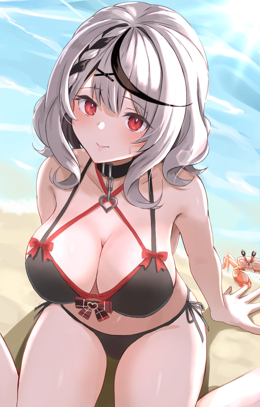 bare_shoulders breasts cleavage crab female grey_hair hololive looking_at_viewer multicolored_hair outdoors pinching sakamata_chloe short_hair smile solo streaked_hair swimsuit tonton_utaro virtual_youtuber