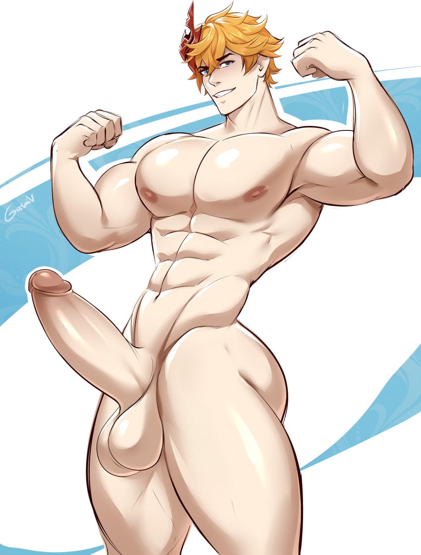 1boy 1male balls big_balls big_cock big_penis childe_(genshin_impact) cock erection flexing flexing_arms gasaiv genshin_impact hi_res highres male male_focus male_only muscles muscular muscular_male orange_hair pecs penis smile tartaglia_(genshin_impact)